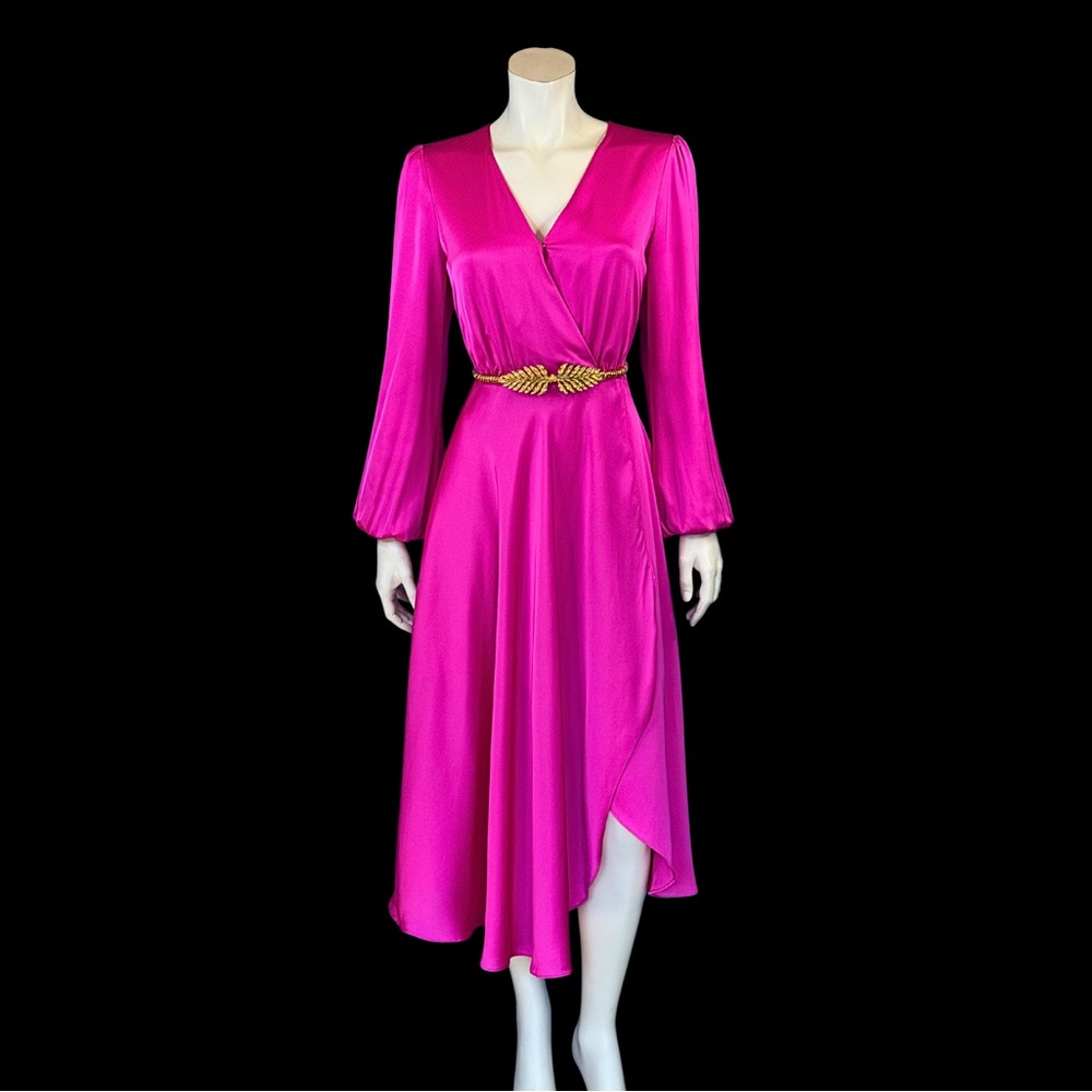 Ever New Fuchsia Long Sleeve Wrap style Dress 4 NWOT